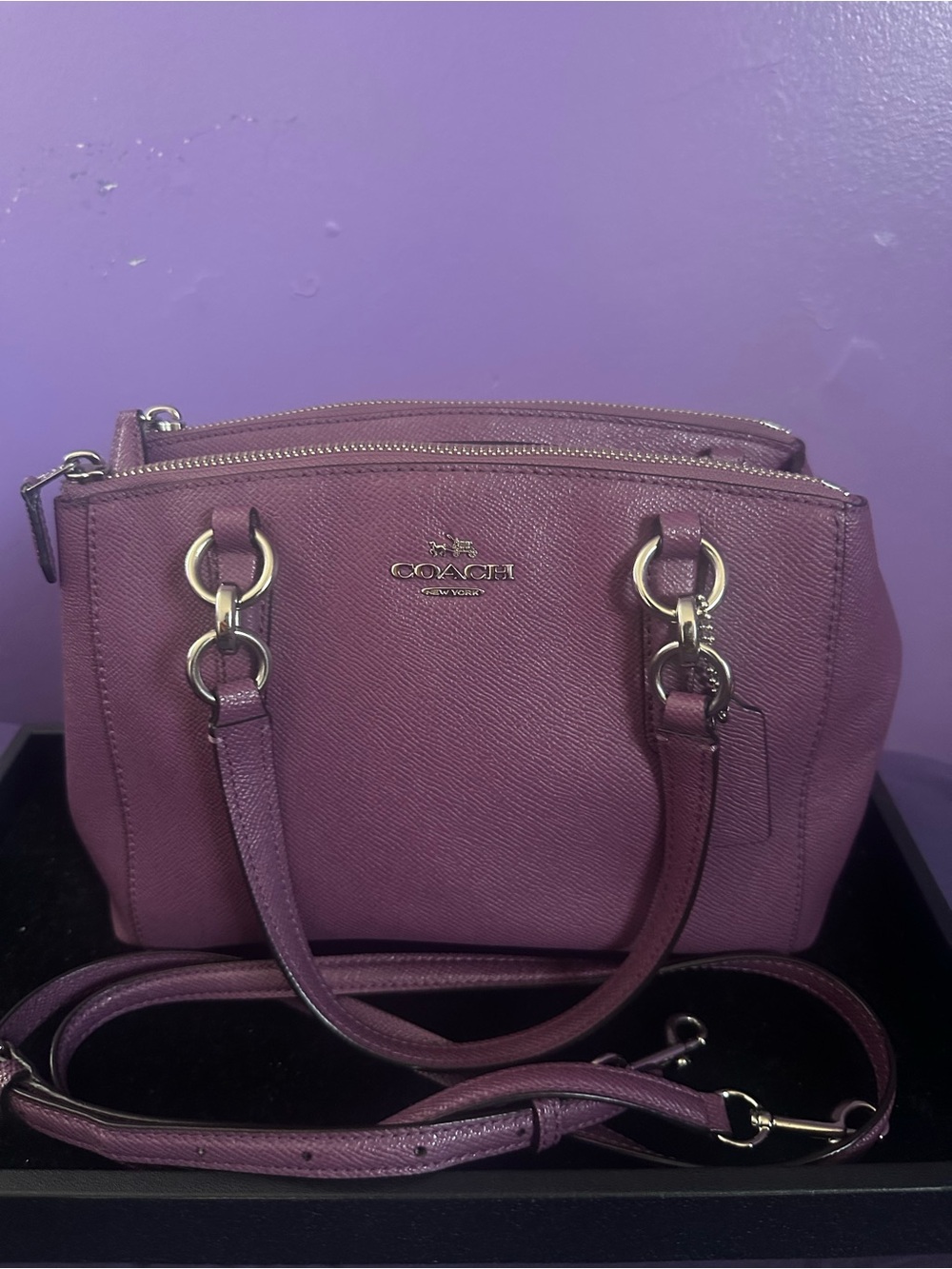 Coach Mini Crystal Carryall Pebbled Leather Satchel in Plum